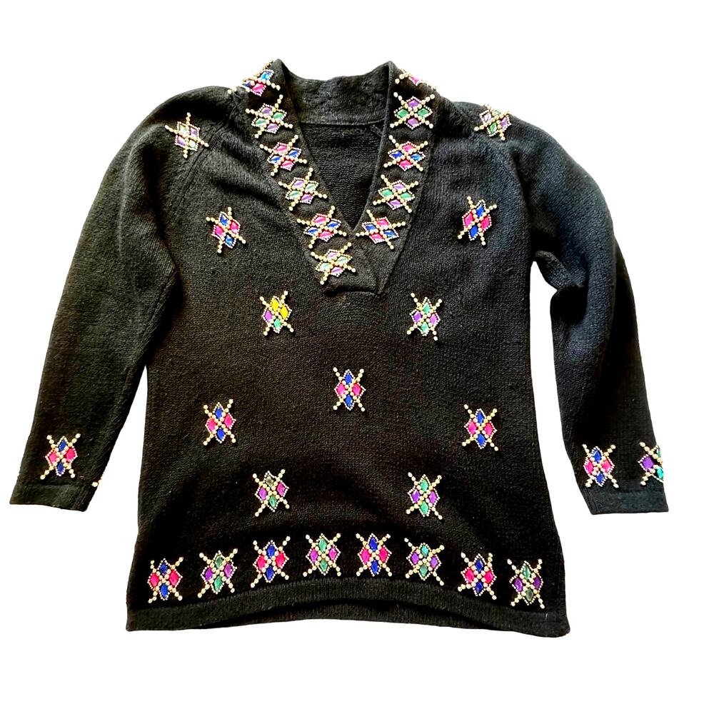 Vintage Bejeweled Beaded Black Holiday Winter V Neck Pullover Sweater Women's L